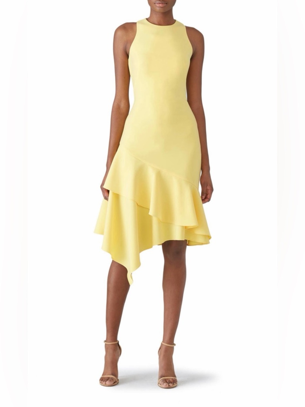 Theia Pale Yellow Asymmetrical Ruffle Dress